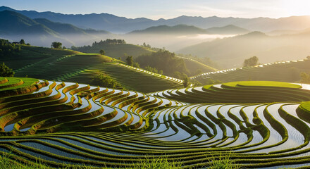 Fototapeta premium Lush Green Rice Terraces with Water Reflections in a Mountainous Landscape.