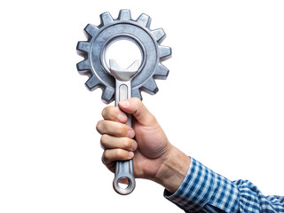 cartoon caucasian human hand holds cogwheel on a transparent background