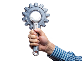 cartoon caucasian human hand holds cogwheel on a transparent background