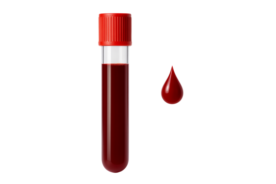 Blood sample test tube with red cap and drop isolated on transparent background