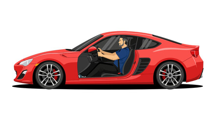 Illustration of a sleek red sports car with a driver inside, showcasing modern design and vibrant color isolated for versatile usage