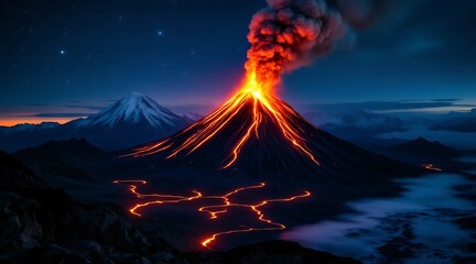 Fototapeta premium Active volcano erupting glowing lava flows under starry night sky eruption magma