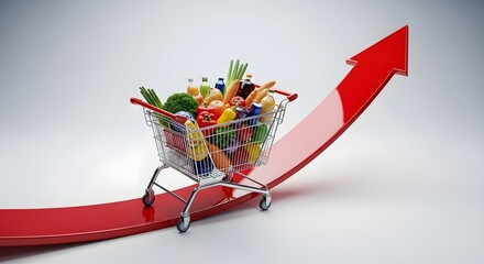 Grocery shopping cart filled with produce ascends upward red arrow graph