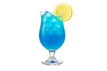 Blue lagoon cocktail with ice and lemon slice isolated on transparent background