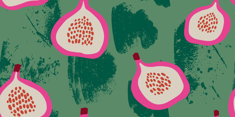 Fig Slices on Green Abstract Fruit Illustration Seamless Pattern