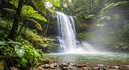 Obraz premium Lush Rainforest Waterfall Cascading Over Rocks.