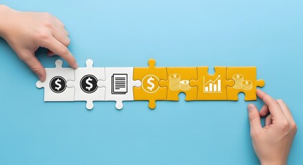 Hands assembling puzzle pieces representing financial growth and business strategy