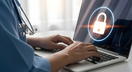 Healthcare professional securing patient data on a laptop with a digital lock icon