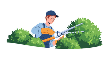 Landscaping art features a dedicated gardener expertly pruning bushes with precision, showcasing greenery and plant care in a visually appealing