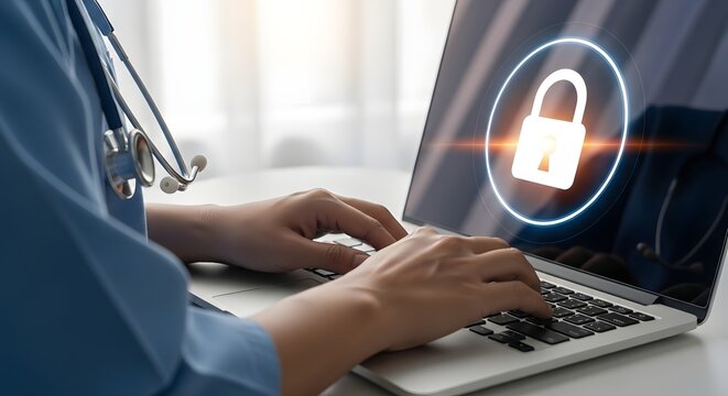 Healthcare professional securing patient data on a laptop with a digital lock icon
