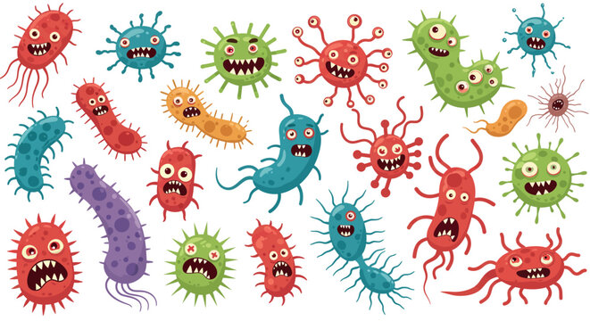 Colorful cartoon germs and bacteria with funny expressions on white background