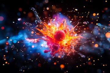 Thunderous particle explosion capturing the dynamic moment of a ball forcefully hitting the rim with intense energy and impact