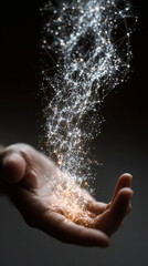 A hand capturing a dynamic display of sparkling and interconnected light particles against a dark background, symbolizing connectivity and creativity.