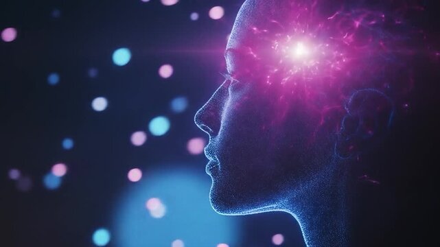 Digital Mind: Abstract Female Profile with Glowing Brain Activity and Particle Effects