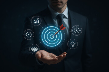 Businessman presenting digital target board with dart in center surrounded by icons representing strategy, success, planning, and analytics in futuristic interface concept
