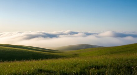 Fototapeta premium Serene landscape photo: Rolling green hills and misty clouds