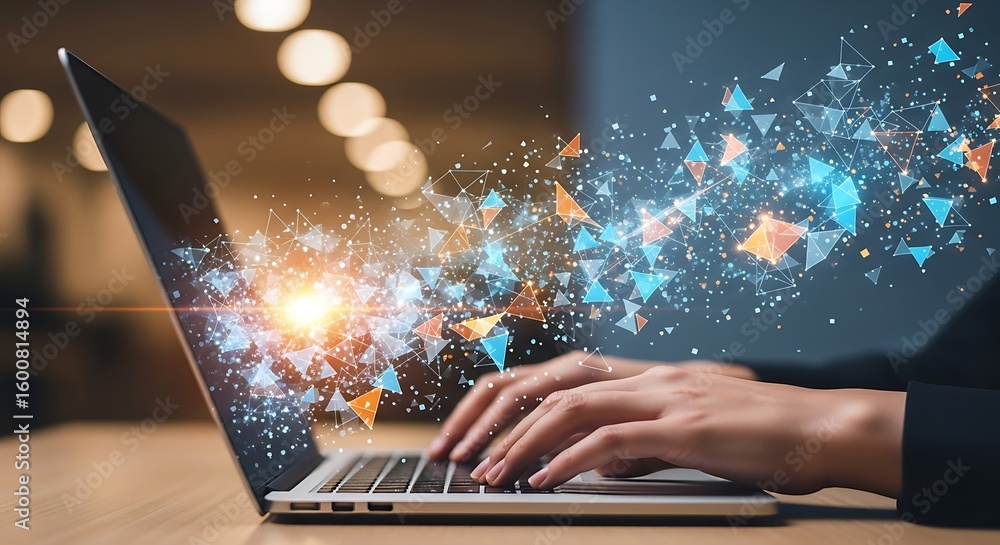 Aufkleber hands type on a laptop with digital network visualization