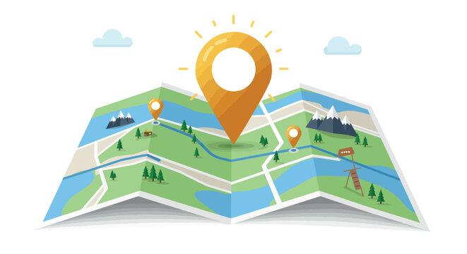 Folded map with location pins and scenic landmarks in cartoon style