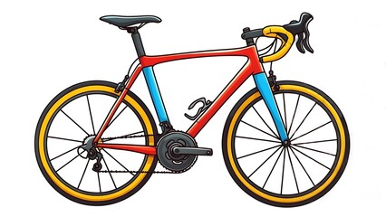 Fototapeta premium Colorful Road Bike Illustration with Red Frame and Yellow Tires on White Background