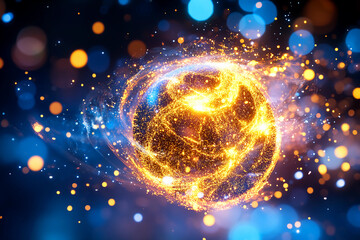 Abstract vortex of fiery light particles swirling dynamically like a spinning basketball in mid-air with glowing motion effects