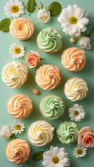 Pastel Cupcakes and Flowers:  Aromatic Springtime Delight, Sweet Treats, Mint Background