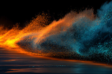 Abstract explosion of vibrant light particles swirling dynamically, capturing the intensity and energy of a sudden tennis breakthrough moment