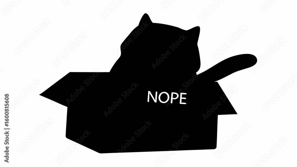 Poster silhouette of a cat inside a box with the word nope written on it against a white background image