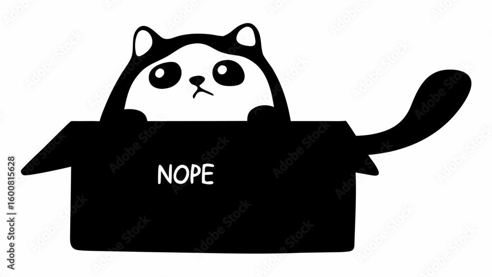Poster a grumpy cat with a tail is sitting inside a box that has the word nope written on the side of it