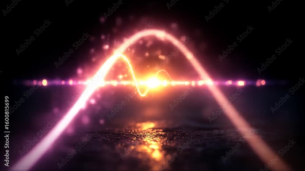 Wall mural vibrant glowing audio waveform animation pulsating on a reflective dark surface background.