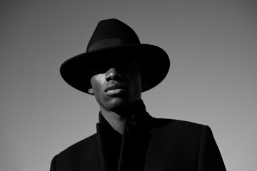 Man in fedora hat and dark coat in dramatic black and white