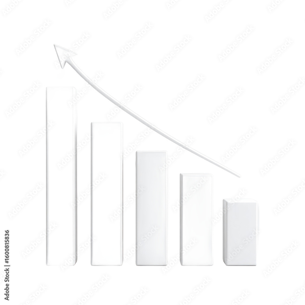 Poster white 3d bar graph with upward arrow representing business growth on transparent background