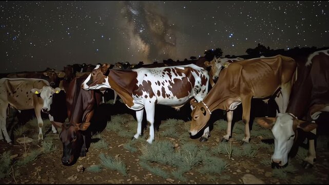 Epic landscape shot of cattle spread across undulating hills at night, grazing beneath a clear star field and faint clou