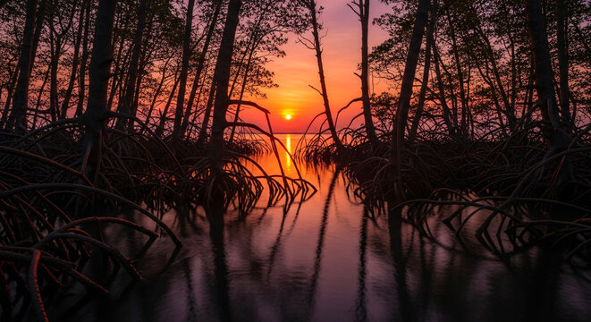 Mangrove Forest Silhouette at Sunset intricate root system dark brown hues vibrant sky.