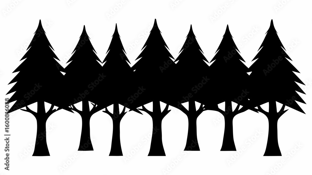 Poster silhouette of seven evergreen trees standing in a row with a white background in a simple vector sty