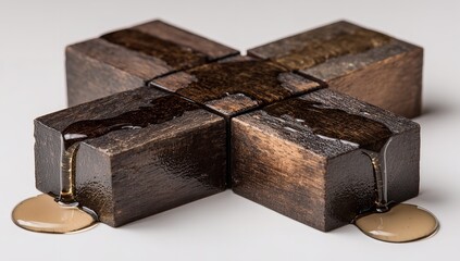 Close-Up of Four Cross-Shaped Wooden Blocks with Water Dripping Between Corners &mdash; Minimalist Design on Neutral Background