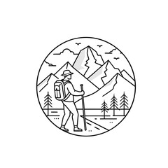 Hiking in the Mountains – Circular Nature Line Art

