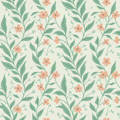 Floral Seamless Pattern with Peach Flowers and Green Leaves on Cream Background Perfect for Textile Designs and Elegant Wallpapers