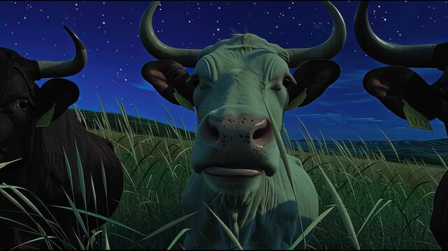 Detailed close perspective on assorted cows feeding in a starry field, showcasing breed textures, grass details, and viv