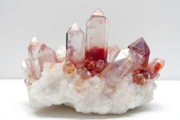 Cluster of red and purple amethyst quartz crystals on white matrix mineral rock