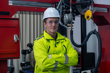 Young worker in safety gear stands confidently next to industrial machinery in a modern workspace