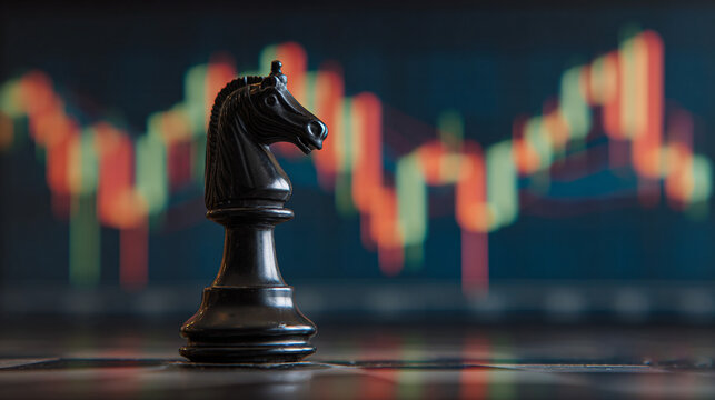 A black knight chess piece in front of a stock chart on a dark background in a studio shot