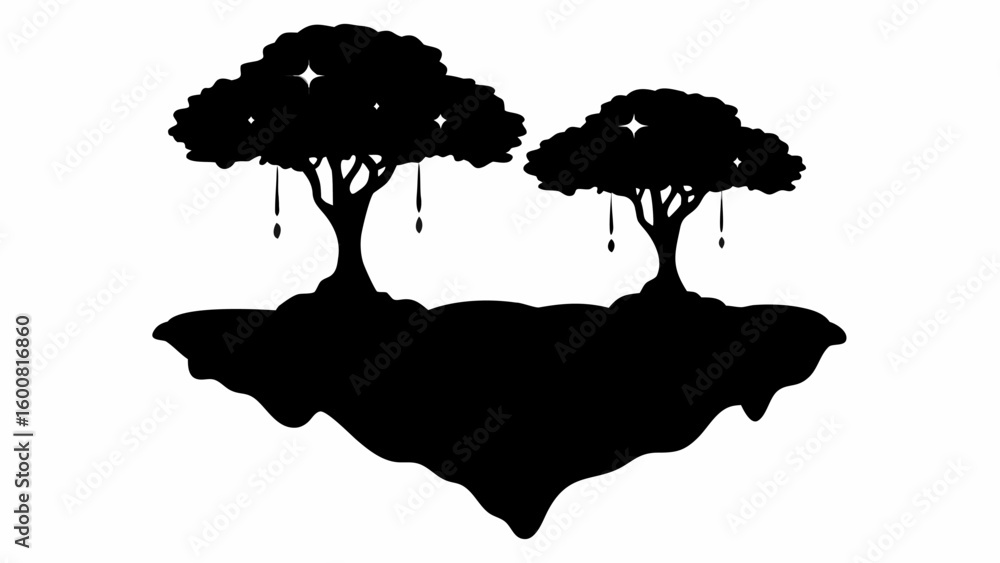 Poster silhouette of two trees on a floating island with hanging ornaments and star like shapes in the leav