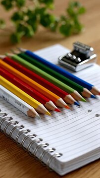 Creative art session with colored pencils and notepad on wooden table