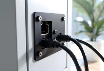 Close-up of Black Metal Network and Power Connection Panel with Cables