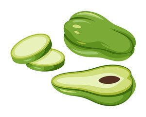 Fresh Green Chayote Squash Still Life Illustration with Slices and Whole Fruit for Healthy Cooking Concepts