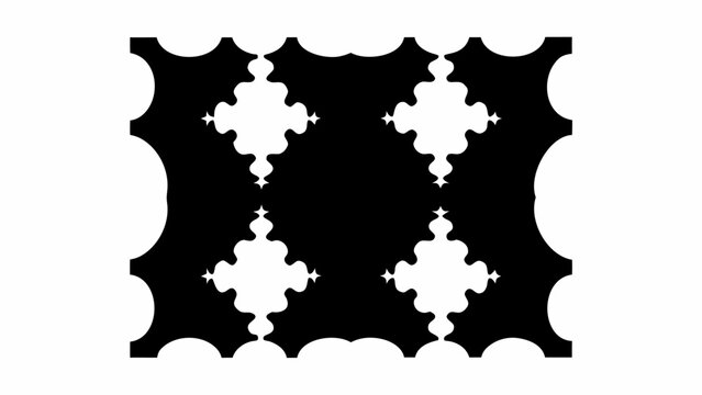 Abstract black and white pattern featuring four floral shapes with star accents and scalloped edges design