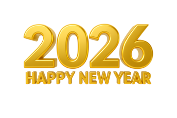 Golden 2026 happy new year text isolated on transparent background