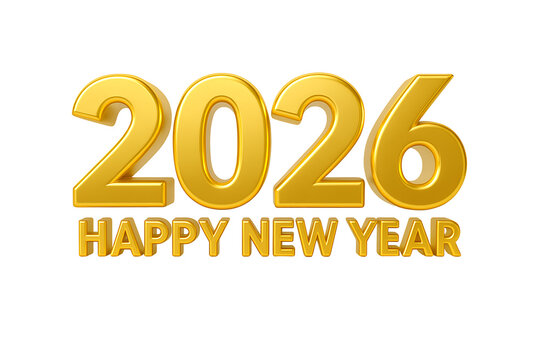 Golden 2026 happy new year text isolated on transparent background