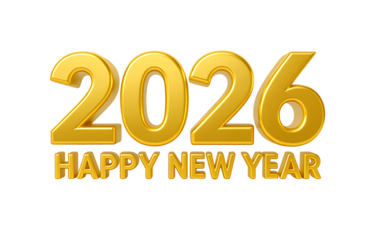 Golden 2026 happy new year text isolated on transparent background