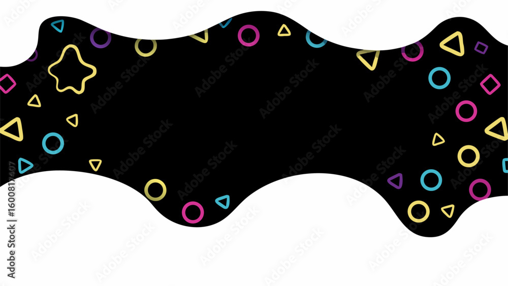 Poster abstract black background with colorful geometric shapes and white wavy borders design element